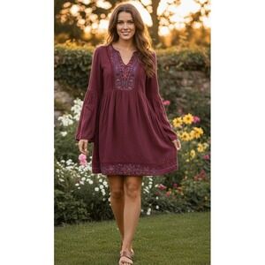 KNOX ROSE Women's Dress Embroidered Burgundy Boho Flare Sleeve Tunic Rayon Sz XS
